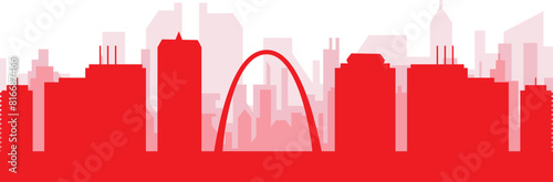 Red panoramic city skyline poster with reddish misty transparent background buildings of ST. LOUIS, UNITED STATES