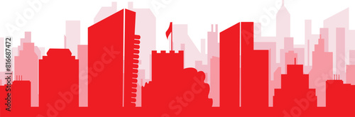 Red panoramic city skyline poster with reddish misty transparent background buildings of SOUTHAMPTON, UNITED KINGDOM