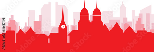 Red panoramic city skyline poster with reddish misty transparent background buildings of ZURICH, SWITZERLAND