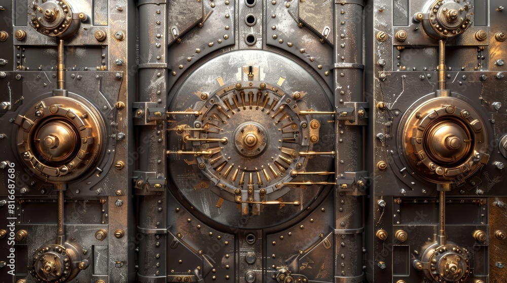 Metal steel round gate close, slightly ajar and open, isolated mechanism with welds and rivets. Gold and money storage, Realistic 3D modern set. Metal steel round gate close, slightly ajar and open, isolated mechanism with welds and rivets. Gold and money storage, Realistic 3D modern set.