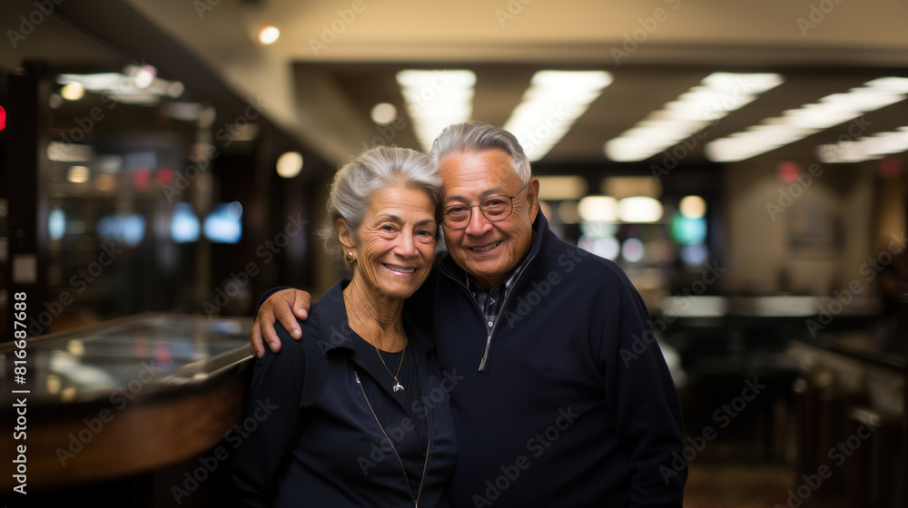 Smiling Elderly Couple Standing Together Inside a Bank