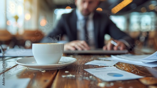 A person in business attire sitting at a desk, enjoying a coffee break, with a laptop and papers scattered around, indicating a brief pause from work.