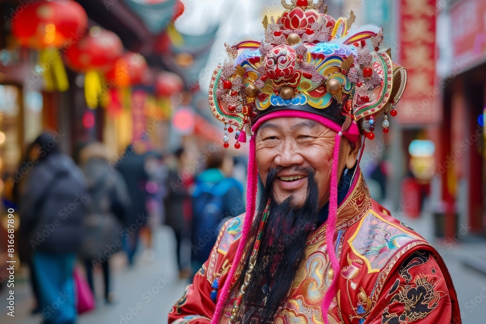 Fototapeta premium Smiling man in elaborate traditional chinese attire during a festive event on a bustling street
