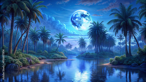 Landscape of the night jungle. Lagoon with moon reflection