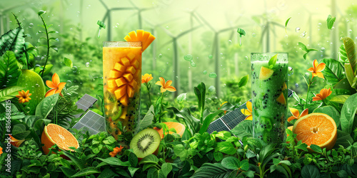 Sustainable energy concept with fruit smoothies in a greenhouse setting.