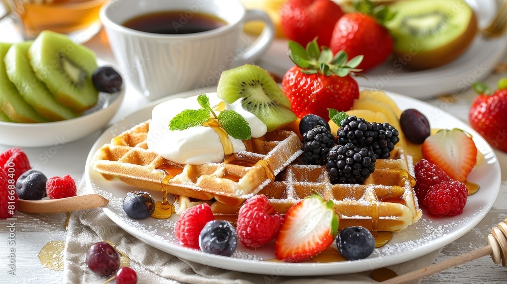 A table setting showcasing a balanced breakfast with whole grain waffles, a selection of fresh fruits, a dollop of Greek yogurt, and a drizzle of honey, accompanied by a cup of fre A table setting showcasing a balanced breakfast with whole grain waffles, a selection of fresh fruits, a dollop of Greek yogurt, and a drizzle of honey, accompanied by a cup of fre