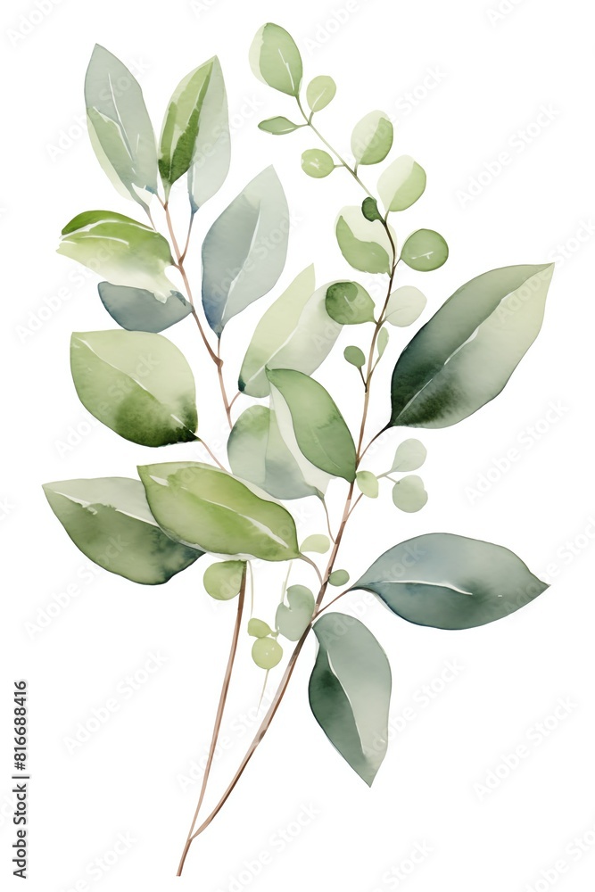 watercolor tropical and green eucalyptus leaves on a white surface watercolor tropical and green eucalyptus leaves on a white surface