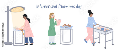 Midwife is checking on the baby in the maternity hospital. Process of measuring a newborn baby. Vector cartoon set of illustrations with midwives and infants. Healthcare medical concept.