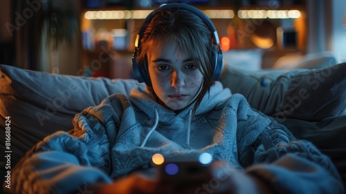 A teenager sitting on a couch, wearing headphones and using a smartphone for online gaming, with a digital game interface visible on the screen, highlighting the entertainment aspe