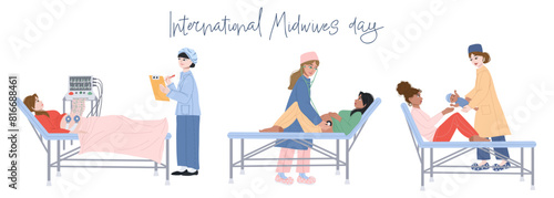 Pregnant women at the maternity hospital. Cartoon set of illustrations with midwives and patients. Healthcare medical concept. Vector drawing with medical theme on white background.
