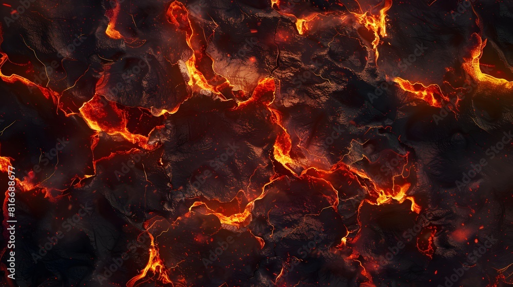 A close-up of a black rock with red glowing lava. The rock is cracked and broken, and the lava is flowing out of it. Concept of danger and destruction, as the lava is hot A close-up of a black rock with red glowing lava. The rock is cracked and broken, and the lava is flowing out of it. Concept of danger and destruction, as the lava is hot