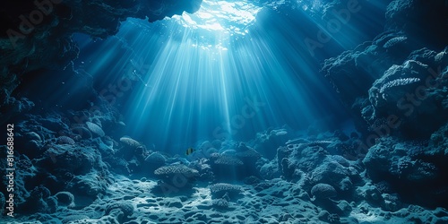 Underwater cave with a beam of light shining down, showing a colorful coral reef with many fish swimming around.
