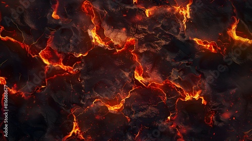 A close-up of a black rock with red glowing lava. The rock is cracked and broken, and the lava is flowing out of it. Concept of danger and destruction, as the lava is hot