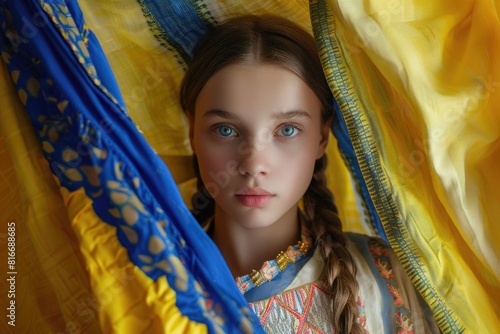 A young girl with braids holding a yellow and blue blanket. Suitable for lifestyle and cozy home decor concepts © Ева Поликарпова