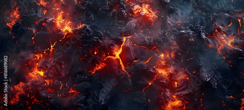 A close-up of a black rock with red glowing lava. The rock is cracked and broken, and the lava is flowing out of it. Concept of danger and destruction, as the lava is hot