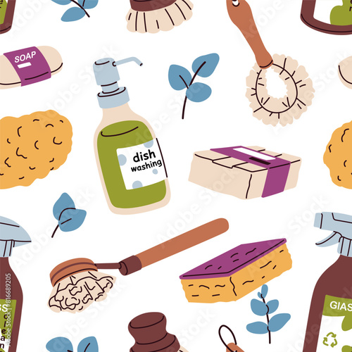Seamless pattern, eco-friendly cleaning products. Natural organic green detergents, brushes, washing sponges, endless background design. Repeating print for wrapping. Flat graphic vector illustration
