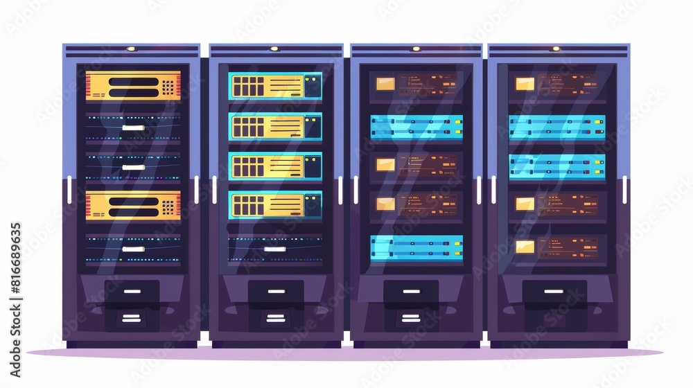 A cartoon illustration of a server rack. An Internet equipment for storing and processing information, a database server. A cartoon illustration of a server rack. An Internet equipment for storing and processing information, a database server.