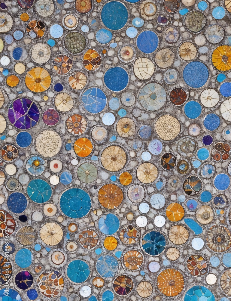 Mosaic made up of various shaped and sized shiny and smooth glass pieces , including shades of blue, red, yellow, and purple, arranged closely together forming an abstract pattern, Generative AI. Mosaic made up of various shaped and sized shiny and smooth glass pieces , including shades of blue, red, yellow, and purple, arranged closely together forming an abstract pattern, Generative AI.