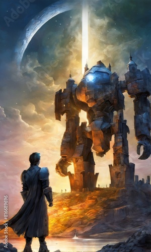 A lone figure stands before a giant robot emitting a beam of light into a cosmic sky at sunset. AI Generation