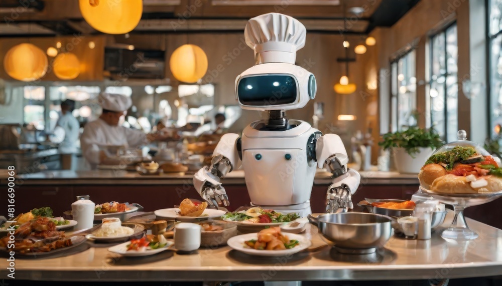 A chef robot with a white hat is plating food in a bustling kitchen, embodying the fusion of culinary arts and robotics.. AI Generation
