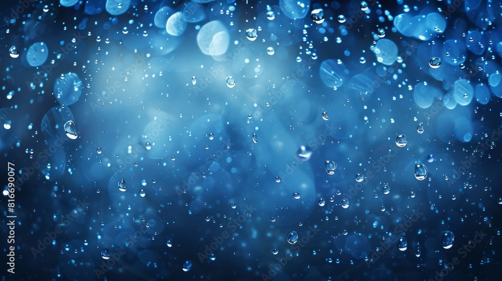 Fototapeta premium Close up of window glass with single floating small water drops or rain. Defocused blue natural background. Generative AI.