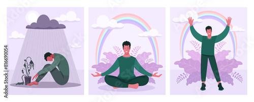 A set of illustrations demonstrating relief from psychological problems and depression through yoga, meditation and a healthy lifestyle. The man is worried and depressed. Happy and joyful person.