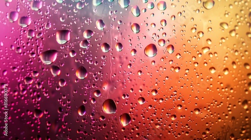 Close up of window glass with single floating small water drops or rain. Defocused red and orange  natural background. Generative AI.