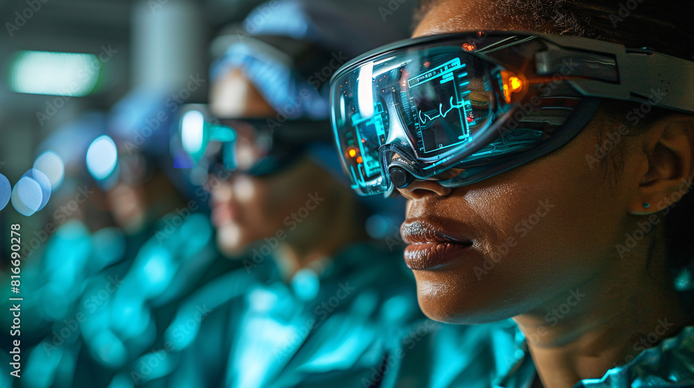 Close-up of doctors analyzing augmented reality patient data in a virtual operating room Close-up of doctors analyzing augmented reality patient data in a virtual operating room