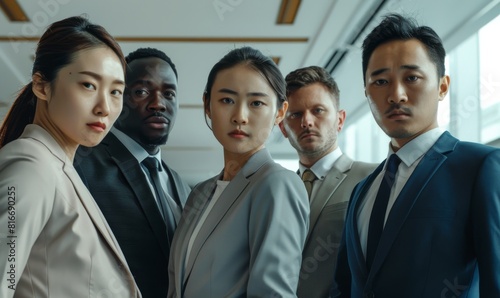 A group of people in suits are standing together, looking at the camera. Scene is professional and serious, as the group appears to be posing for a photo