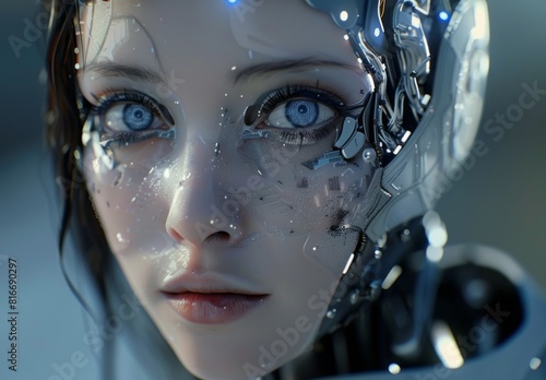 A cyborg woman with blue illuminated eyes and a white helmet. Cinematic scene. Concept of IA. Technology