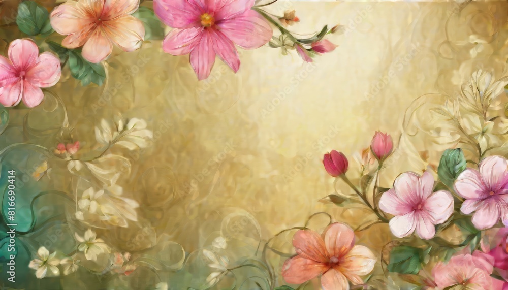 Artistic rendering of delicate pink flowers against a textured golden background, imbued with a soft, vintage feel for artistic use.. AI Generation