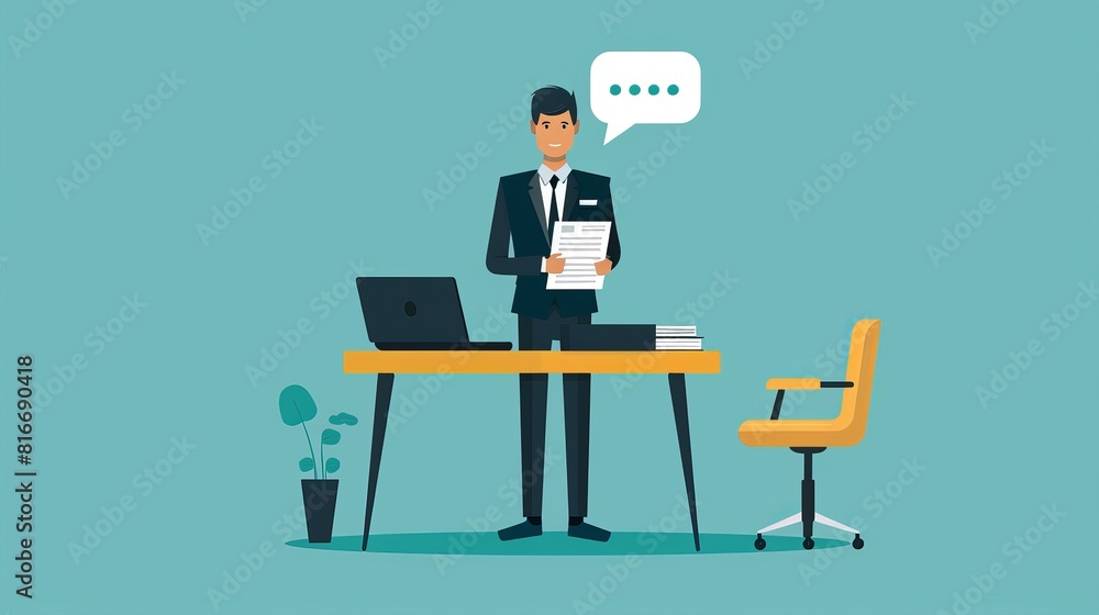 A man in a suit is standing in front of a desk with a laptop and a chair. He is holding a piece of paper and he is reading it. Concept of professionalism and focus A man in a suit is standing in front of a desk with a laptop and a chair. He is holding a piece of paper and he is reading it. Concept of professionalism and focus