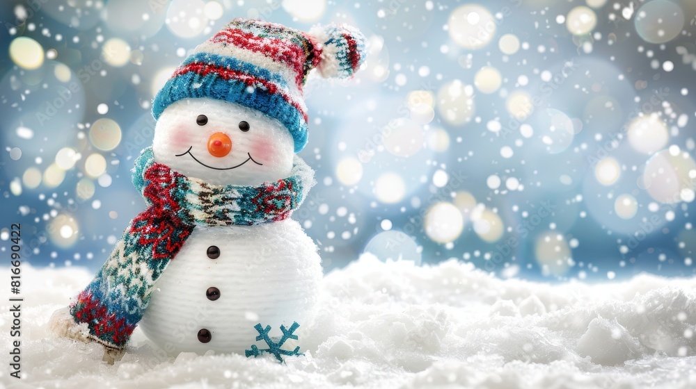 Festive snowman on snowy christmas background, perfect for adding text in a holiday setting Festive snowman on snowy christmas background, perfect for adding text in a holiday setting