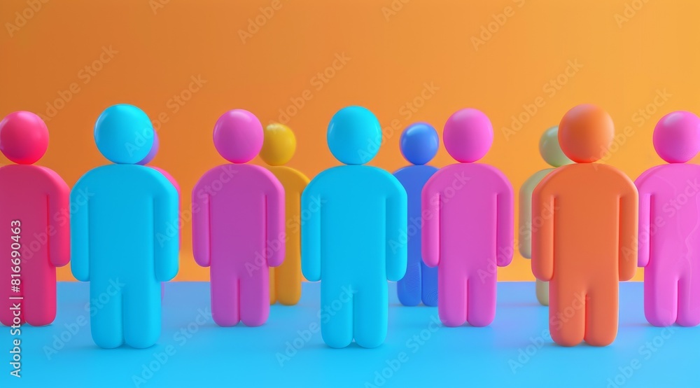 A group of people in different colors stand in a line. The people are all different sizes and are all standing in a row A group of people in different colors stand in a line. The people are all different sizes and are all standing in a row