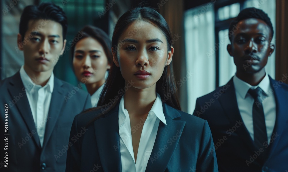 A group of people in suits and ties, one of whom is a woman with a serious expression A group of people in suits and ties, one of whom is a woman with a serious expression