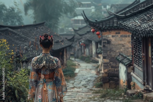 Woman in ethnic attire explores an ancient asian street with historic architecture
