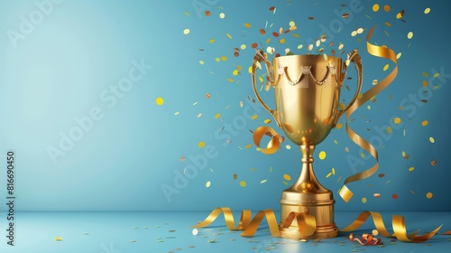 A gold cup with a ribbon on top of it is surrounded by confetti. Concept of celebration and achievement