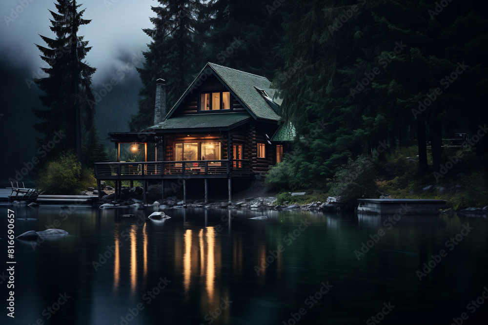 Obraz premium Cabin by lake shore at night
