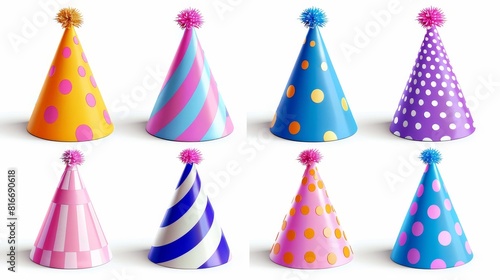 Realistic 3D modern illustration, icons set of party hats, birthday colorful caps with stripes and polka dots design, carton cones for b-day or anniversary celebration.