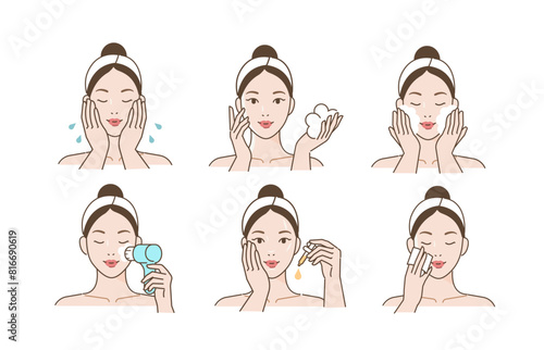 Skincare set. Collection of girl removing make up by washing her face with facial brush, using cleansing wipe and other cosmetic products. Beauty and hygiene concept. Vector illustration.
