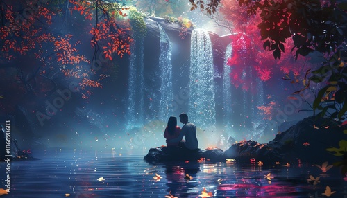 Craft a photorealistic scene of a couples front view embracing in a magical setting, infusing surrealism with vibrant colors and dynamic lighting effects using 3D CG rendering