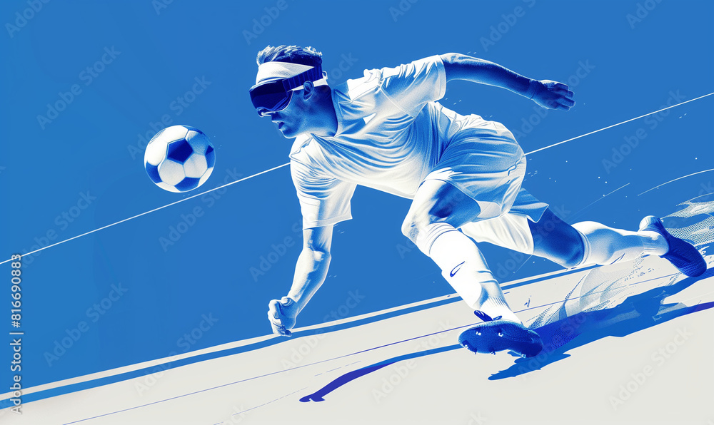 soccer player kicking ball . goalball, blind football player runs after the ball, blue and white colors, minimalism, illustration with copy space.