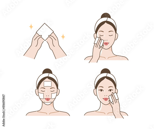 Skincare set. Collection of girl using make up removing face wipes. Beauty and hygiene concept. Vector illustration.