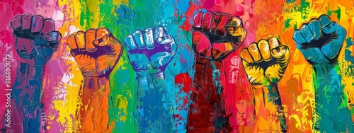 A painting of people with their hands raised in the air. The painting is colorful and has a message of unity and solidarity