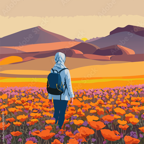 A woman in desert with blooming poppy flowers during sunrise.