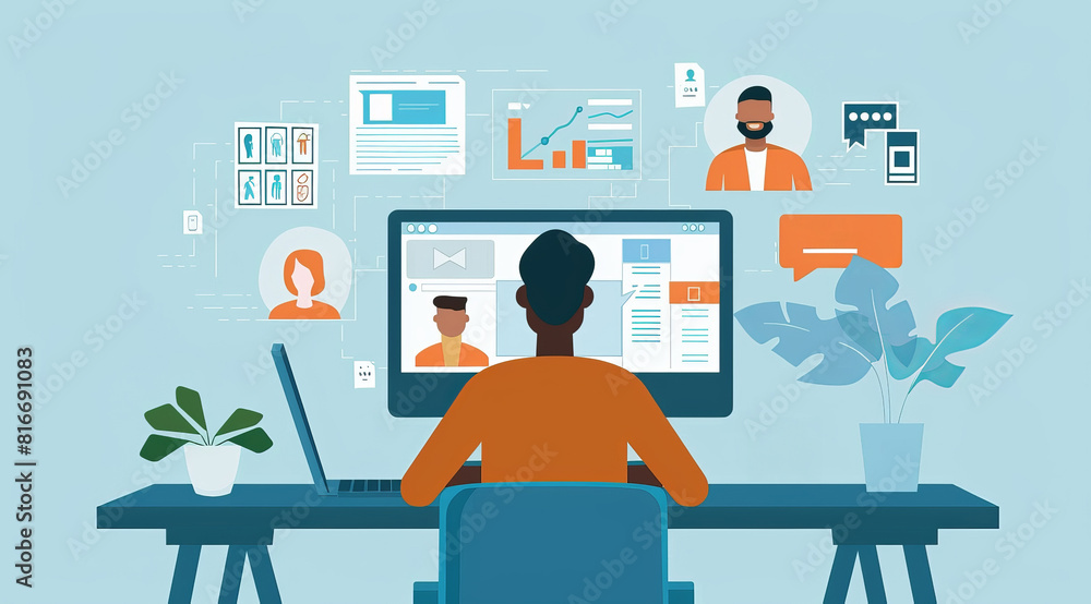 A man is sitting at a desk with a laptop and a computer monitor. The monitor has a lot of icons and a person is on the screen. The man is wearing an orange shirt. Concept of Profile Linkedin job searc A man is sitting at a desk with a laptop and a computer monitor. The monitor has a lot of icons and a person is on the screen. The man is wearing an orange shirt. Concept of Profile Linkedin job searc