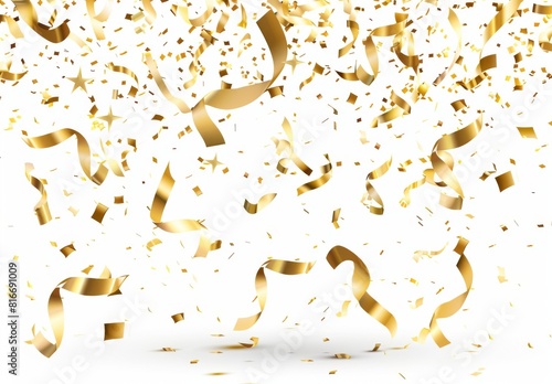 A gold stream of confetti is falling from the sky. The confetti is falling in a way that it looks like it's raining gold. The scene is bright and cheerful, and it gives off a sense of celebration