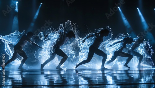 A group of dancers are dancing on a stage. They are all wearing blue and white costumes and are covered in water. The stage is lit up with bright lights. photo