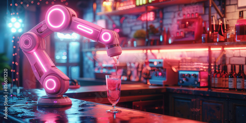 Robot bartender pouring drink in a futuristic bar setting, perfect for depicting modern hospitality solutions.