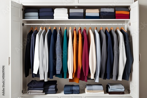 a well-organized closet with neatly folded sweaters and hanging clothes on wooden hangers, ai, generative, 생성형 © Kim